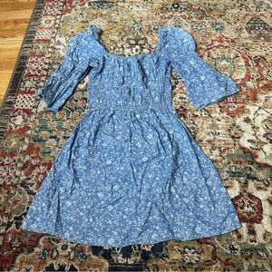 topshop floral denim dress Topshop + Shirred Floral Print Denim Dress